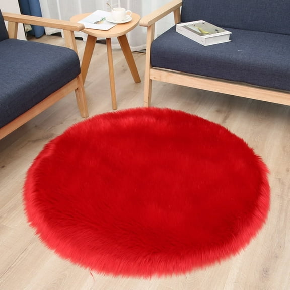 FUDAKUNA Fluffy Red Shaggy Rug Round 32"x32" Soft Faux Sheepskin Non-Slip Backing Carpet for Living Room