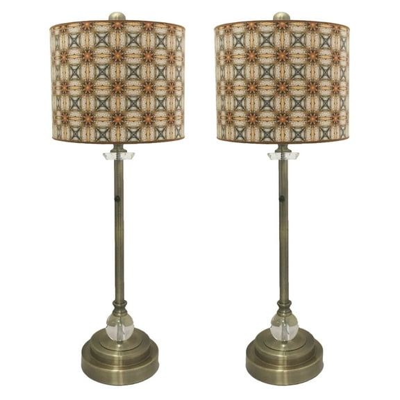 Royal Designs 28" Crystal and Antique Brass Buffet Lamp with Yellow and Gold Kaleidoscope Design Hard Back Lamp Shade, Set of 2