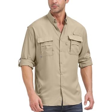 POENTAB Long Sleeve Fishing Shirts for Men Quick Dry Hiking Work Shirt Sun Protection UV UPF 50 Button Down Tops With Mesh Line Outdoor Safari