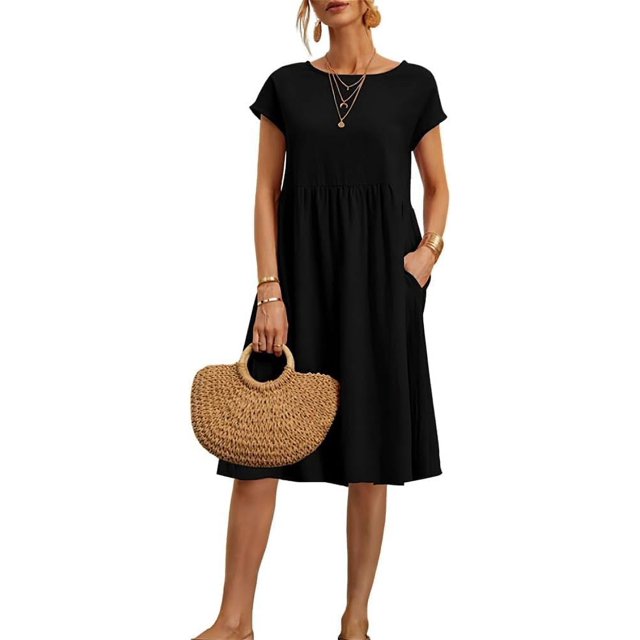 Robe de Plage Décontractée à Manches Courtes en Coton et Lin pour Femmes avec Poches