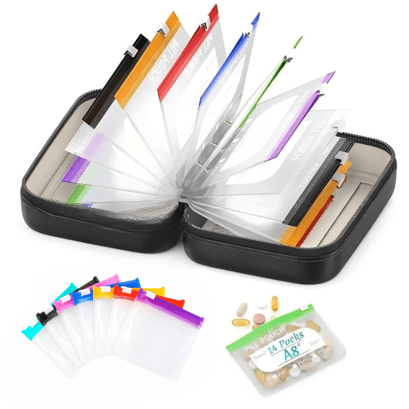 14 Day Pill Organizer, Portable Medicine Case with 21 Reusable Storage Bags