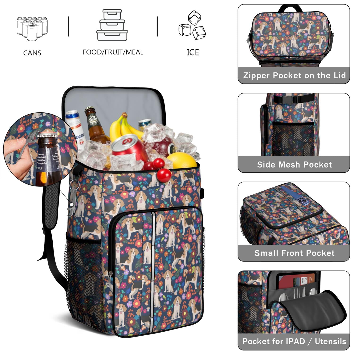 Travel Cooler Bag - Beagle Dog Dog and Flower Camping Beer Cooler Backpack with Bottle Opener- Waterproof Insulated Picnic Backpacks - Cooler Bag for Beach
