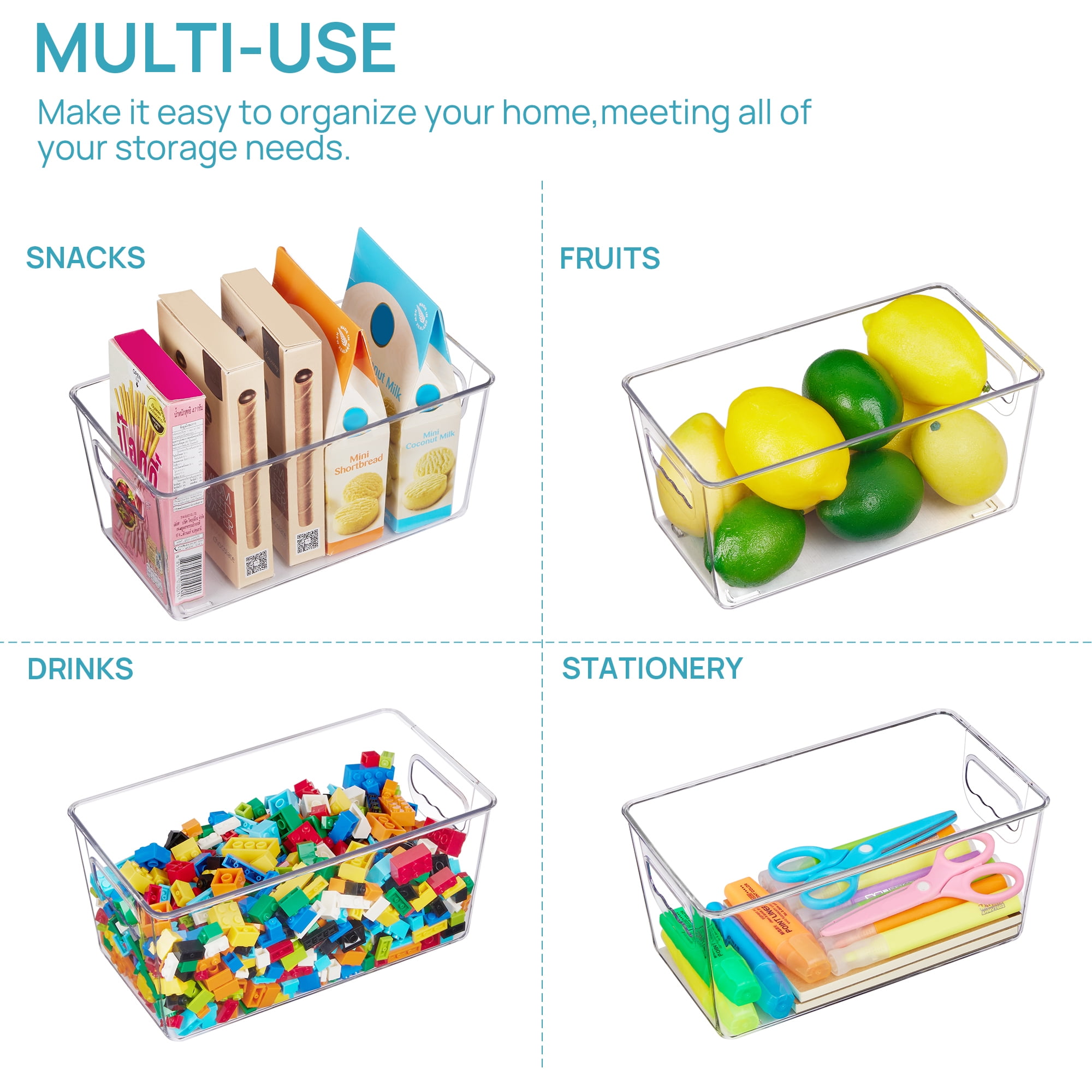 Sindcom 4 Pack Clear Plastic Storage Bins with Handles, Pantry Organizer Bins, for Refrigerator, Freezer, Cabinet, Kitchen, Countertops, SmallFreezer,Cabinet,Closet Organization and Storage