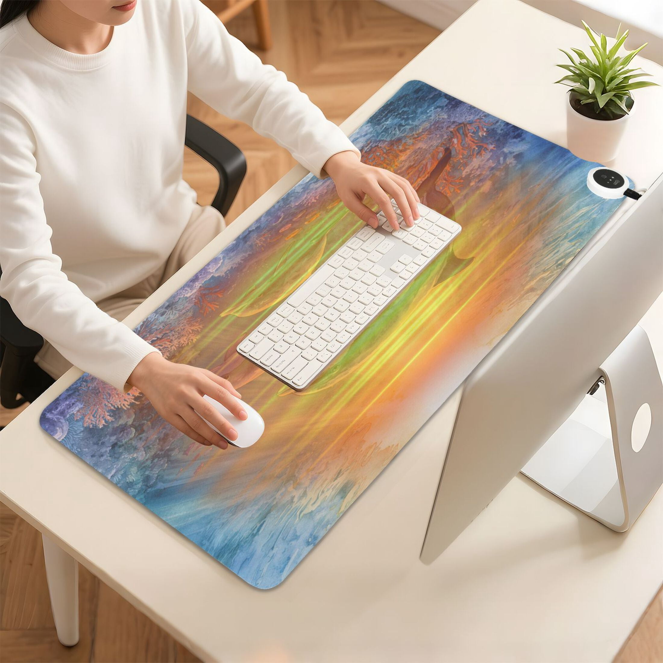 Large Heated Desk Mat Mouse Pad 31.5"x13"PU Leather Graphene Heating Desk Warmer with 3 Temperature Settings 110V US Plug Non-Slip Warm Pad for Home, Office, and Gaming Sunlit Dolphin Pod Print