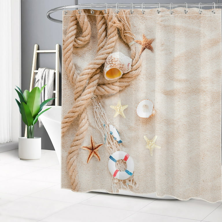 HVEST Beach Shower Curtain for Bathroom Decor,Starfish Seashell Conch and  Linen Color Rope Bathroom Curtain with Hooks,Tropical Beach Polyester  Waterproof Fabric Bath Decor Accessories,70 X 69 Inches 