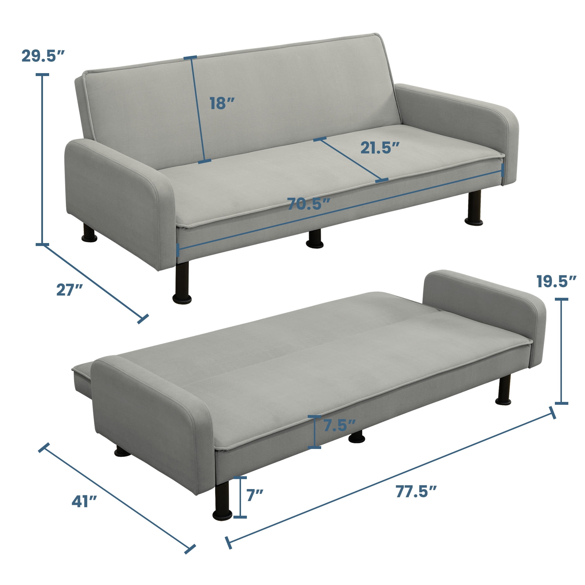Aukfa 78" Futon Sofa Bed Upholstered 3 Seat Couch for Home Office, Flannel, Gray