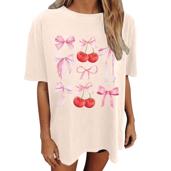 Tops For Women T-Shirts Oversized Cherry & Bow Print Graphic Summer Short Sleeve Fashion Clothing Beige L