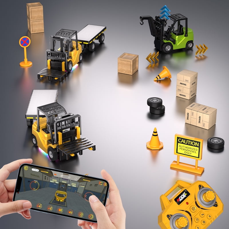 Mini Forklift Remote Control 1:64 RC Truck Toys 2 in 1 RC Cars Lift Fork & Hook with Lights & Sounds for Kids Christmas Birthday Gifts