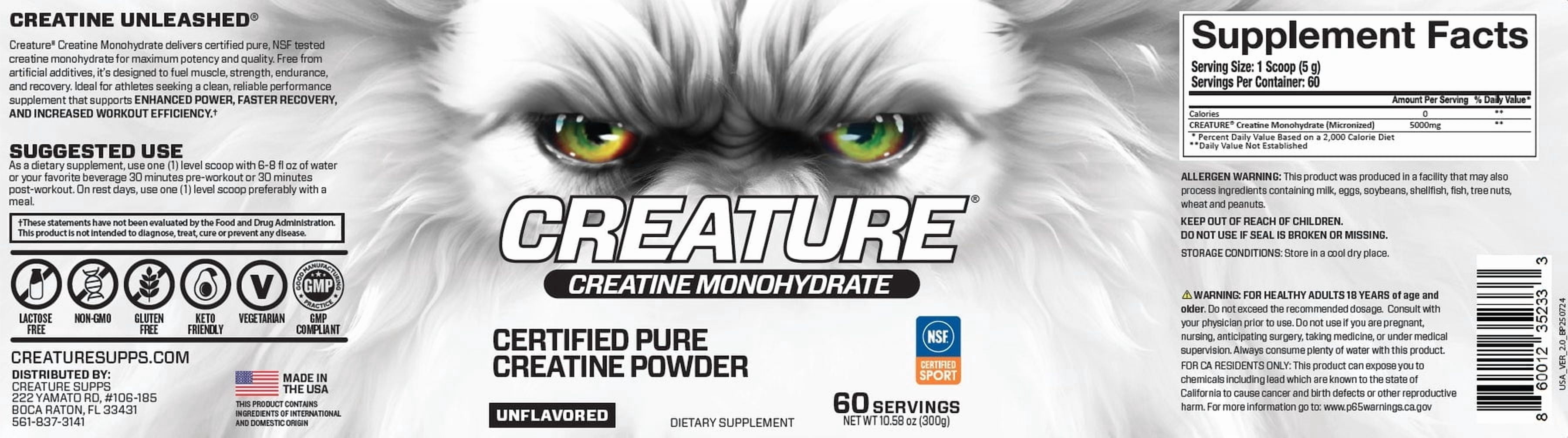 Creature® Creatine Monohydrate – NSF Certified for Sport®, Tested for 288+ Banned Substances– Pure Micronized Powder for Muscle, Growth, Strength, Recovery & Brain Support – Unflavored, 60 Servings