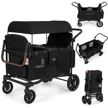 INFANS 4 Seater Wagon Stroller, All-Terrain Foldable Wagon for 4 Kids with Adjustable Push Pull Handles, 5-Point Harness, Detachable Seats, Snack Tray, Insulated Organizer, Removable Canopy