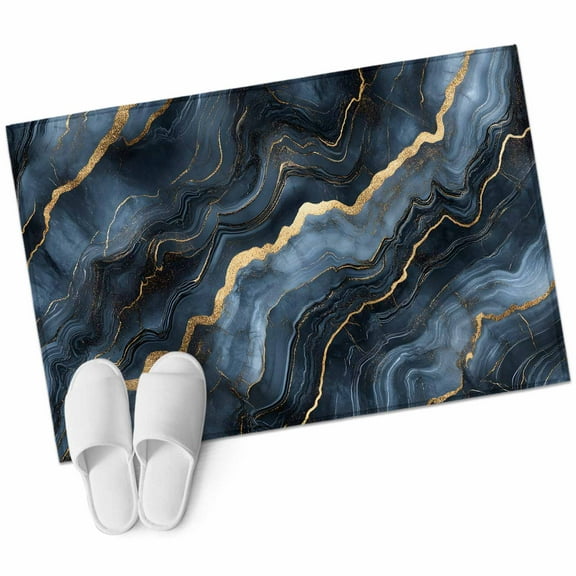 Navy Blue Marble Bathroom Mat 2x3 FT, Non Slip Small Kitchen Mat, Luxury Abstract Modern Washable Soft Backed Front Door Throw Rug Non-Shedding Indoor Outdoor Doormat for Entryway Sink
