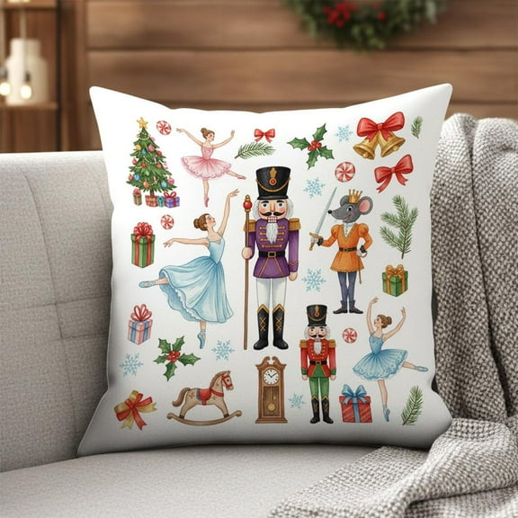 TiniDecor Nutcracker Christmas Pillow, 16x16" Poly Oxford, Holiday Watercolor Cushion, Festive Nutcracker Design
