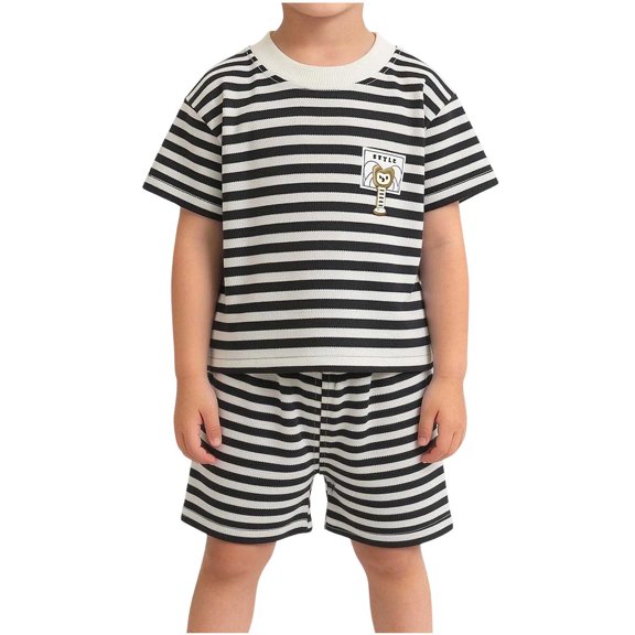 Iyufng 2 Piece Outfits Toddler Boys Summer Striped Outfits 1-8 Year Short Sleeve Top Elastic Waist Shorts Boys Clothes