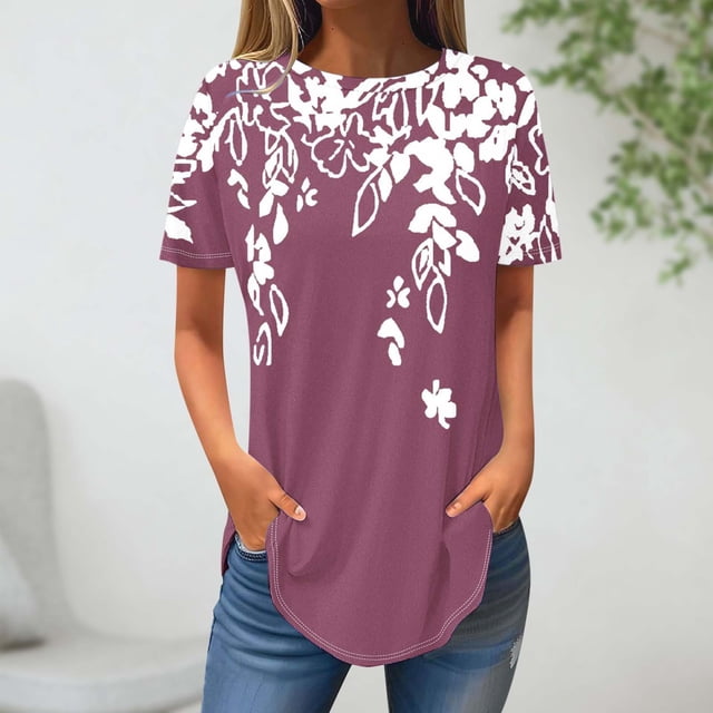 Blouses pour Femmes, Mode Féminine Blouse à Manches Courtes Col Rond Hauts Décontractés