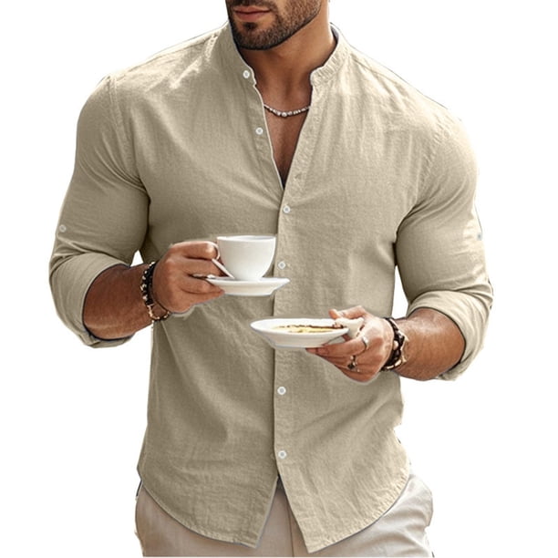pstuiky Camisas para hombre de manga larga, Camisas casuales de lino a la moda para hombre, de color liso, con botones y cuello alto, de manga larga top de hombre s