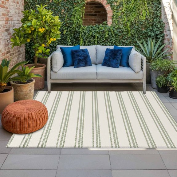 Outdoor Rug, Rustic Green Stripes on Vintage Indoor Area Rug Outdoor Carpet RV Camping Rugs 4x6ft Abstract Art Outside Mat for Patio Picnic Porch Deck Balcony Backyard