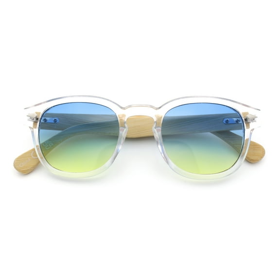 Hipster Mens Keyhole Round Horn Rim Bamboo Wood Arm Retro Sunglasses Clear - Blue Yellow