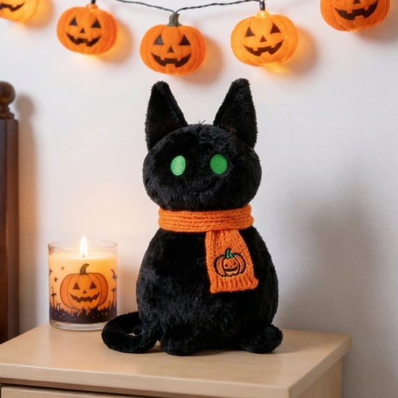Halloween Black Cat Plush Toy, 7.87 in Cute Spooky Cat Stuffed Animal Doll, Soft Kitty Plushie for Kids, Halloween Room Decor, Party Display and Holiday Gift,1