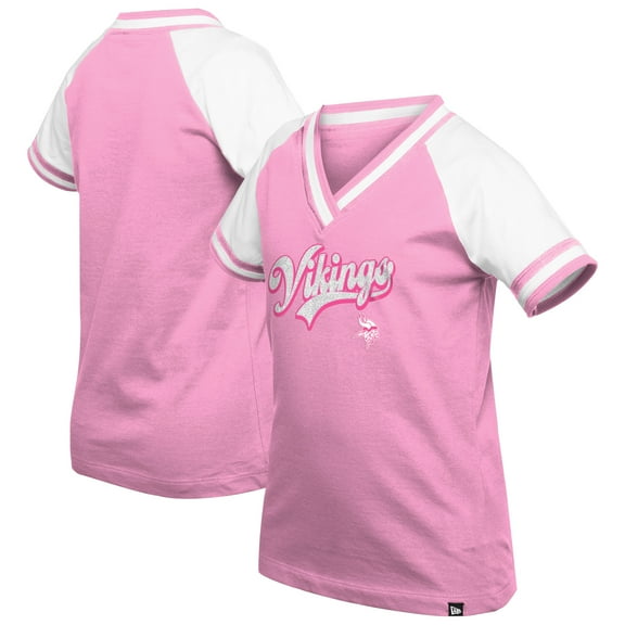 Girl's Youth-New Era Pink Minnesota Vikings Mommy & Me Multiplier Raglan V-Neck T-Shirt