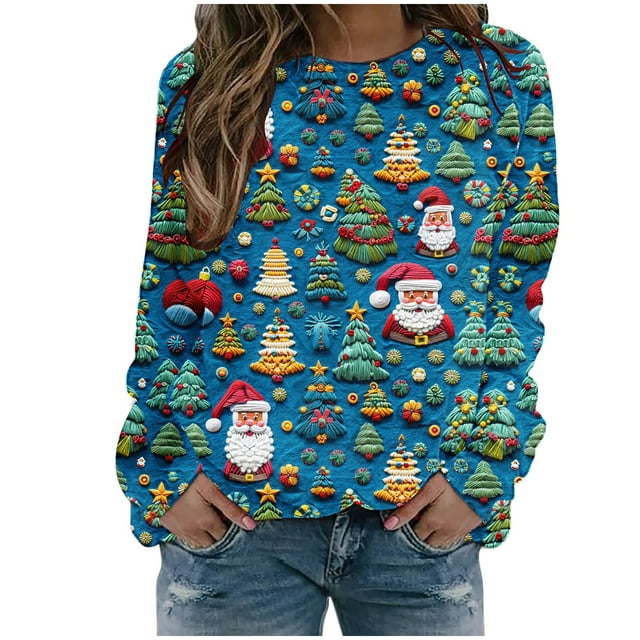 lcziwo Chandail de Noël pour Femme, Mignon Imprimé du Père Noël, Chandails Graphiques Imprimés, Manches Longues, Col Rond, Chandail de Fête à Enfiler, Hauts, Meilleures Aubaines Aujourd'hui, Bleu, TTTG