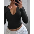 thumbnail image 2 of Quarter Zip V Neck Long Sleeve Cropped Top Going Out Tops for Womens Fall Fashion 2025 Black XL, 2 of 6