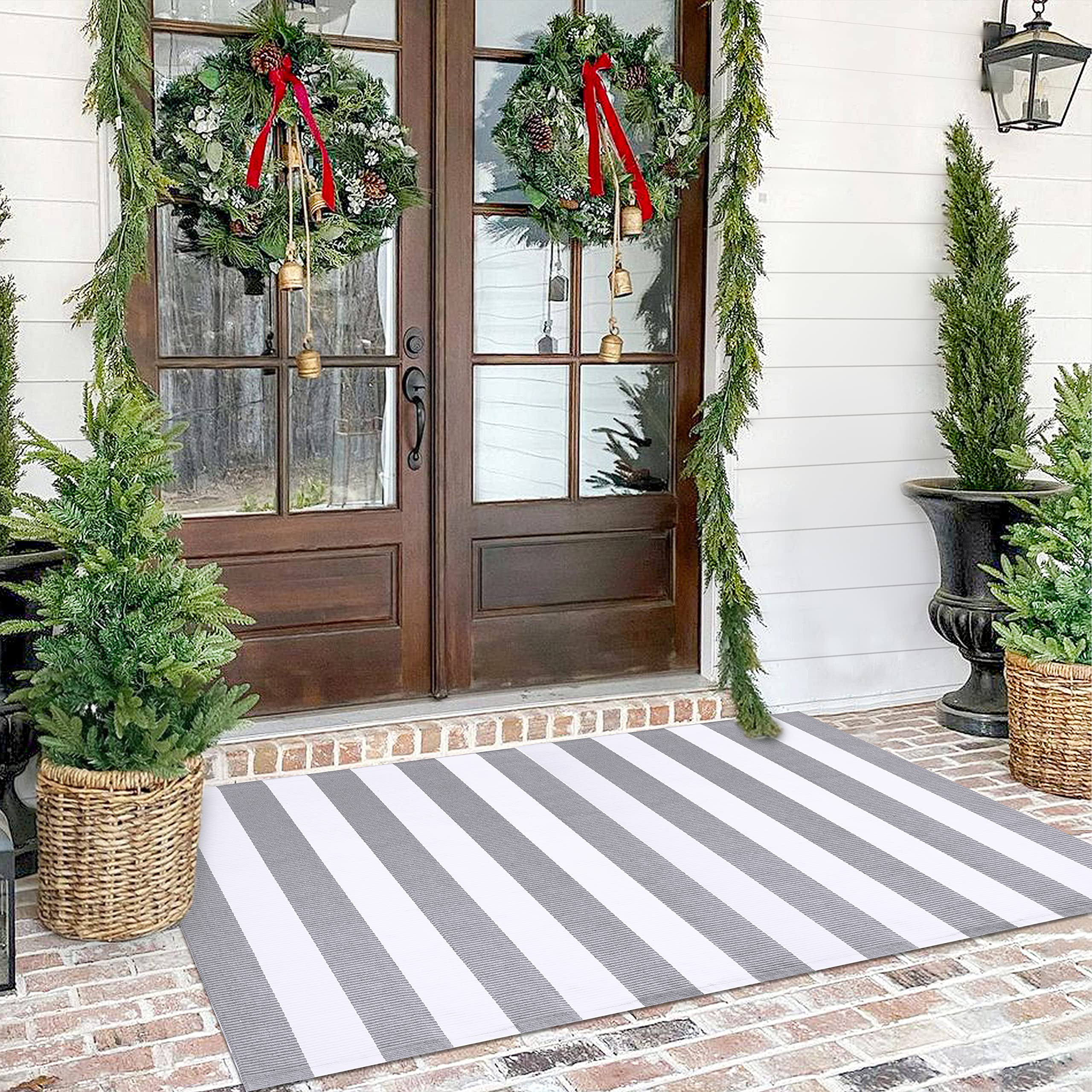 Black White Plaid Orange White Entrance Doormats Outdoor Rugs