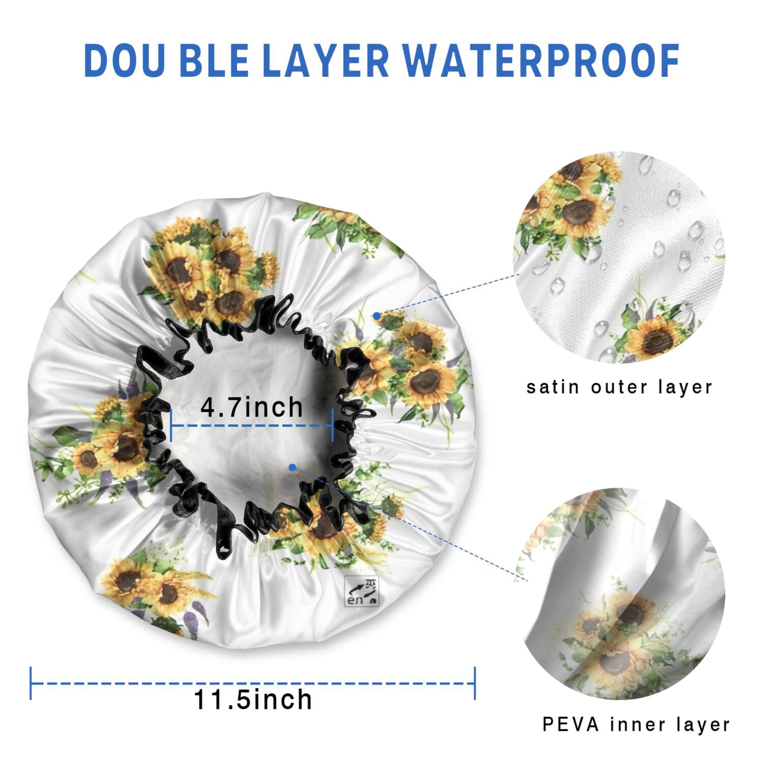 Shower Caps,White Yellow Purple Flower Bouquet Sunflower Pattern Waterproof Shower Cap for Women 4 Pieces,Double Reusable Hair Cover for Shower PEVA Elastic Stretch Hem