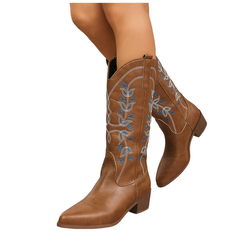 Leozcaa Women's Cowboy Boots Pull On Cowgirl Boots Mid Calf Western Boots  Wide Calf Pointed Toe Booties