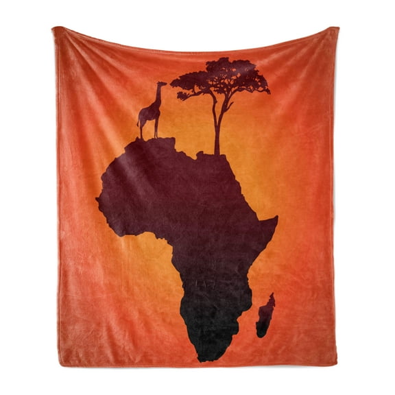 African Soft Flannel Fleece Throw Blanket, Safari Map Continent Giraffe and Tree Silhouette Savannah Wild Design, Cozy Plush for Indoor and Outdoor Use, 70" x 90", Orange and Brown, by Ambesonne