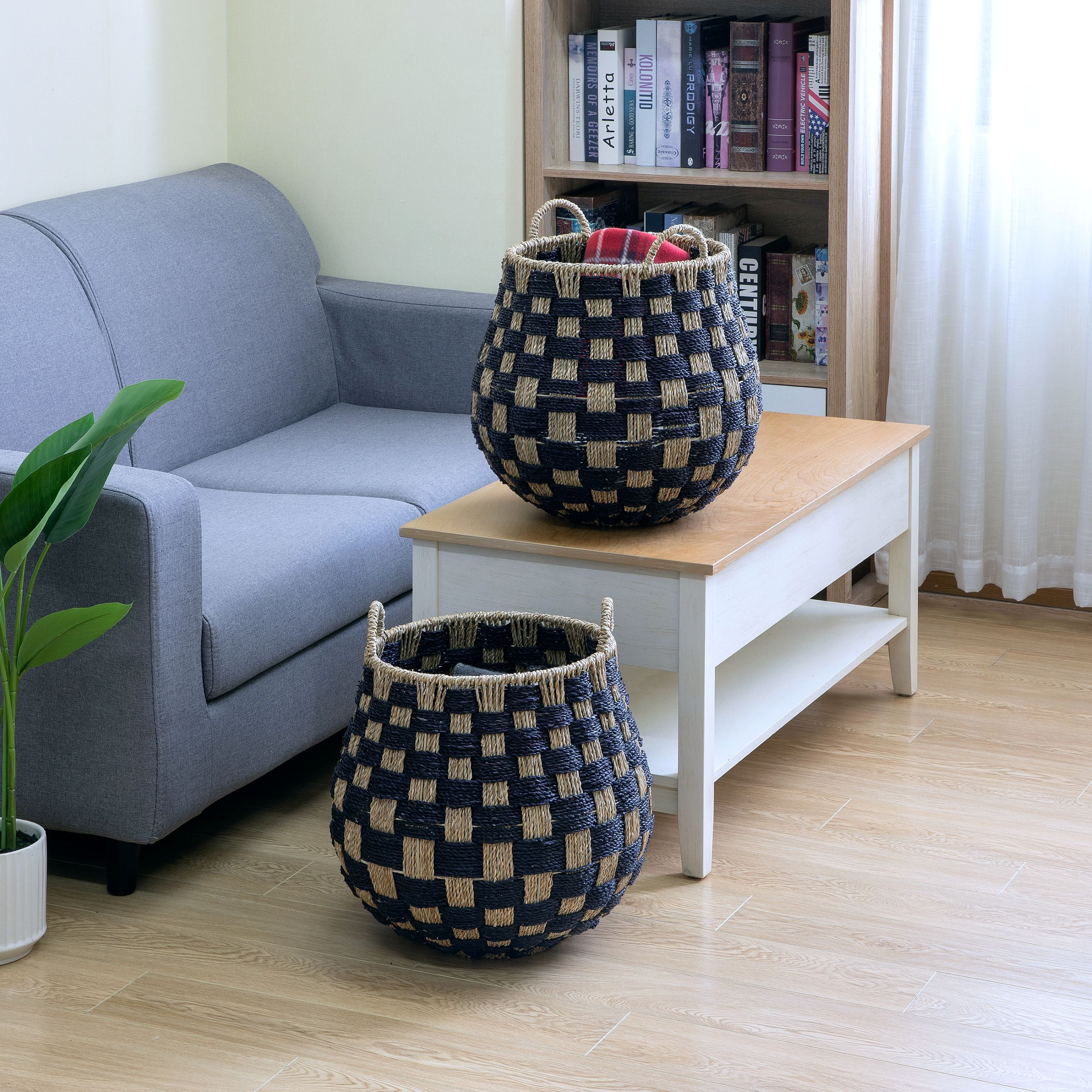 Better Homes & Gardens Large Round Checkered Seagrass Storage Basket with Handles, 2 Pack