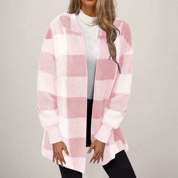 Chaqueta y abrigo informal de manga larga sin capucha para mujer, de invierno, de polar de doble cara, a cuadros, de manga larga, tipo cárdigan, abrigo, blusa de poliéster