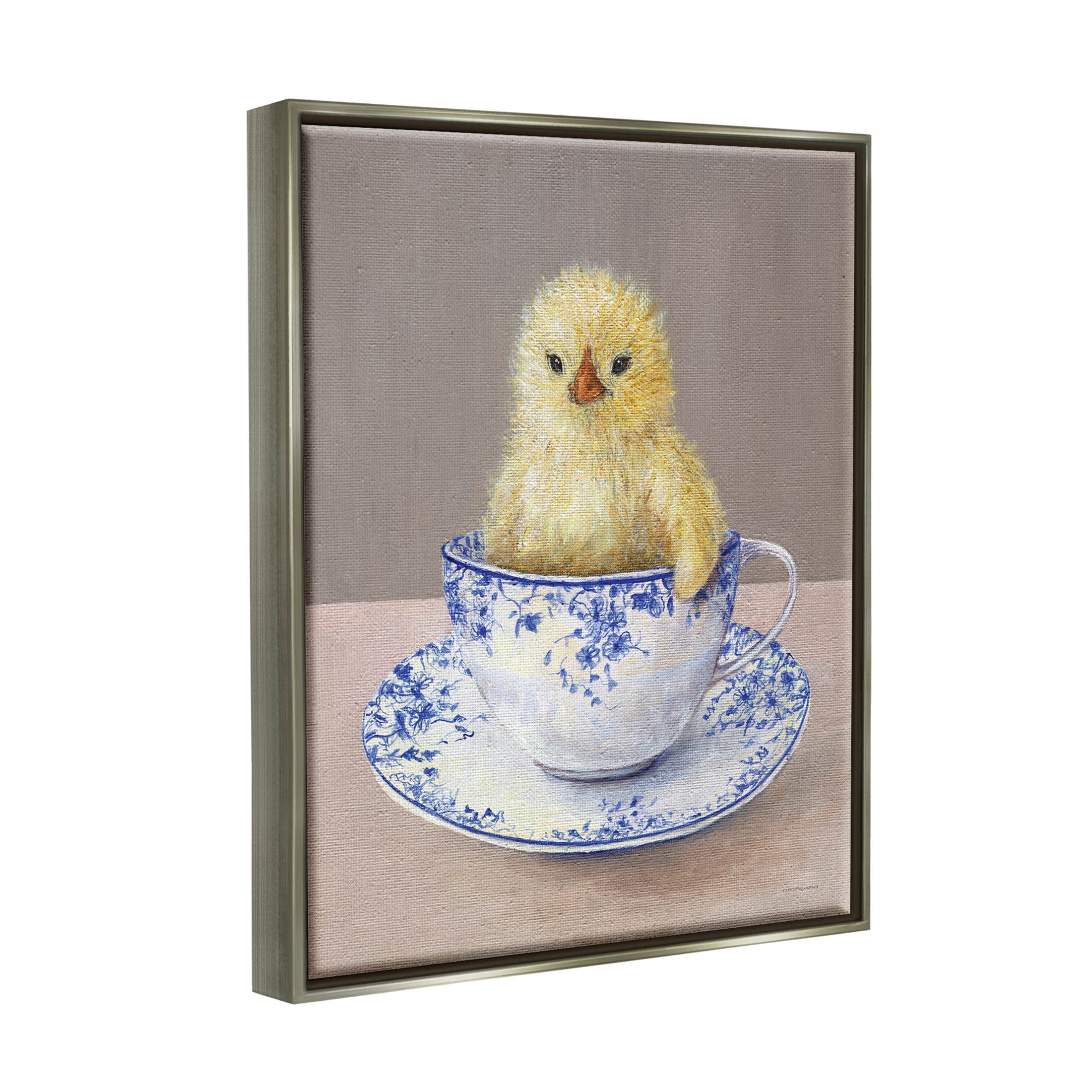 Stupell Industries Baby Chick Ornate Teacup Mug Painting Luster Gray Floating Framed Canvas Print Wall Art, Design by Kamdon Kreations