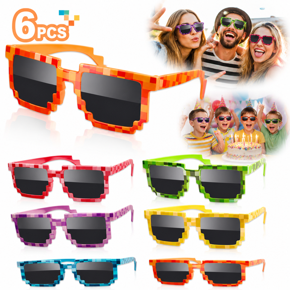 Genreen Pixel Sunglasses 6 Pairs Colorful Glasses for Kids and Adults, Party Favors for Birthdays and Game Events.