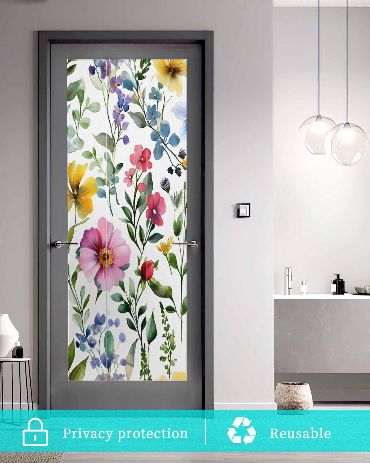 Window Privacy Film Spring Flower Stained Glass Window Film Decorative Sun Block Window Cover Retro Farm Summer Leaf Plant Watercolor Window Clings Static Adhesive Sticker for Bathroom 23.6"x59"