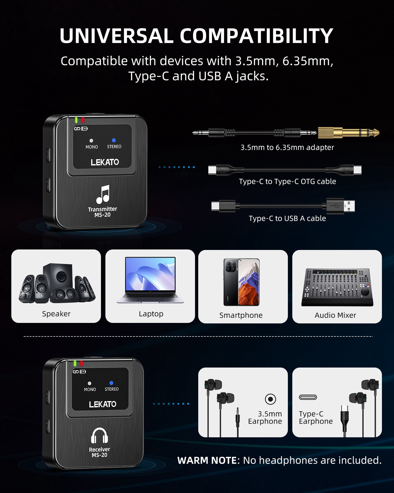 LEKATO Wireless in-Ear Monitor MS-20 2.4G IEM System Low Latency with Beltpack Transmitter Auto-Pairing Receiver OTG Support One to More in-Ear Monitoring for Live Performance Stage Singer Band