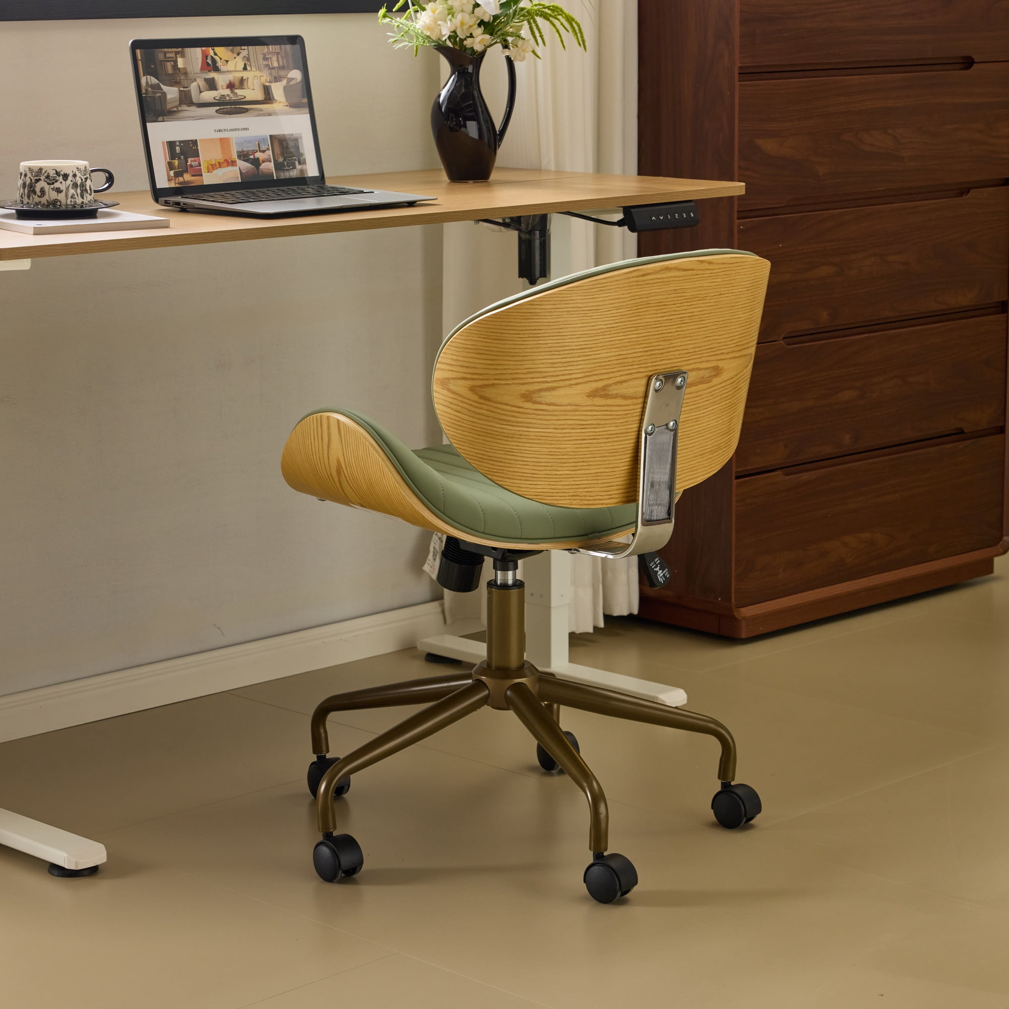 Ktaxon Armless Office Chair, Curved Wood Accent Desk Chair with Swivel Seat, PU Task Chair for Study, Makeup Vanity Green