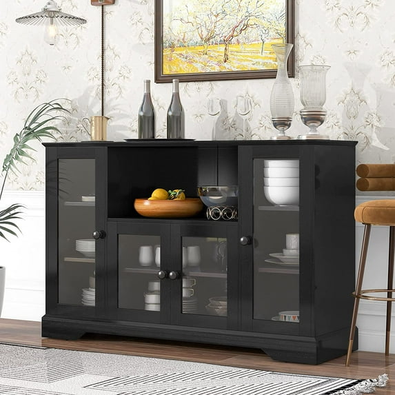 AngLink 33.4" H TV Stand with 4 Tempered Glass Doors Adjustable Panels, Open Style Accent Cabinet Solid Wood Sideboard for Living Room Dining Room, Black