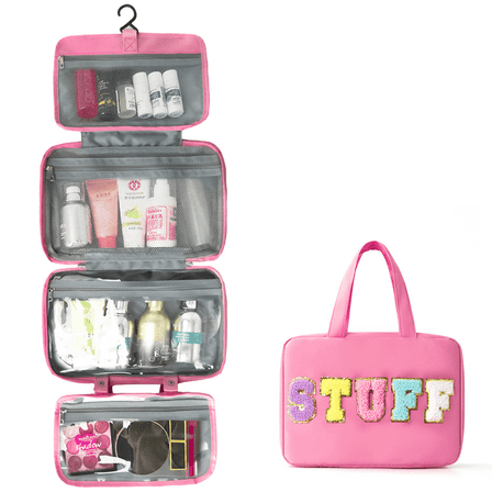 Toiletry Bag for Women Hanging Hook,AILKIN Compact and Foldable Portable Cosmetic Bags Toiletry Kit Set Makeup Bag Travel Accessories with 4 Compartment Toiletry Bag for Traveling,Rose