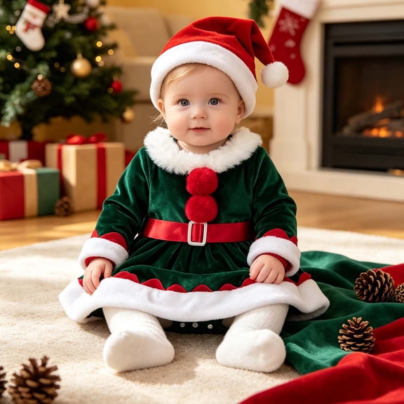 Baby Girl Clothes Christmas Outfit Ruffle Long Sleeve Plush Romper Dress with Hat Cartoon Jumpsuit Dress Cute Fall Winter Clothen Fall Winter Romper for Toddler Girls 1-3 Months