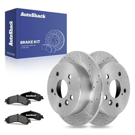 AutoShack 12.99" (330 mm) Rear Vented Drilled & Slotted Brake Rotors Coated   Ceramic Brake Pads | Replacement for 2001-2003 GMC Sierra 1500 | Silver Zinc Coated | 6-PC Brake Kit | SilverShield Pro