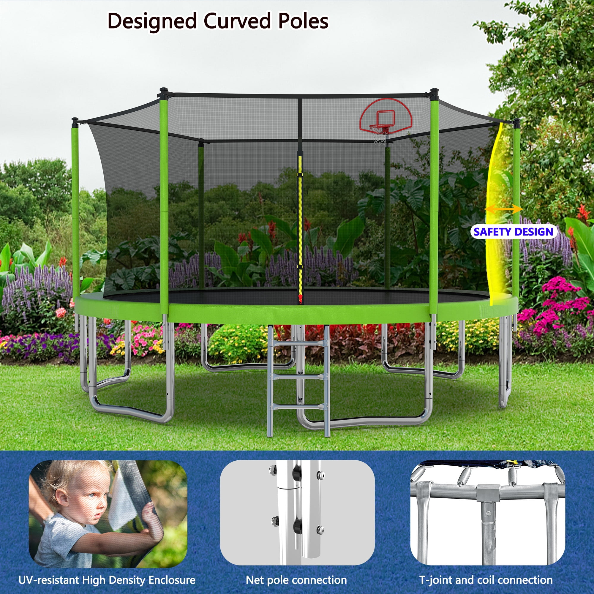 Leumius 14FT Trampoline with Basketball Hoop,Heavy-Duty Outdoor Trampoline with Enclosure Net,Upgraded Kids Recreational Trampoline for Kids and Adults,Green