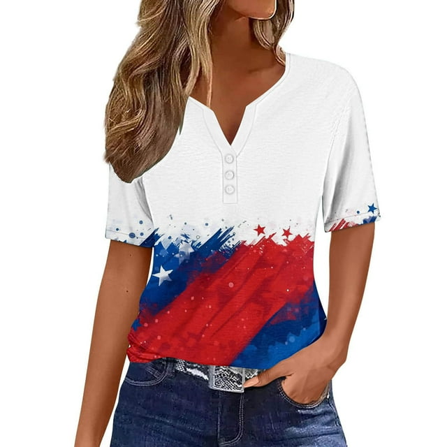 Mujeres Manga Corta de Verano Tops Día de la Independencia Impreso Cuello en V Casual Top, Imitación de Algodón Camisa Marco para las Mujeres, Lavado de Manos Primavera Y Verano