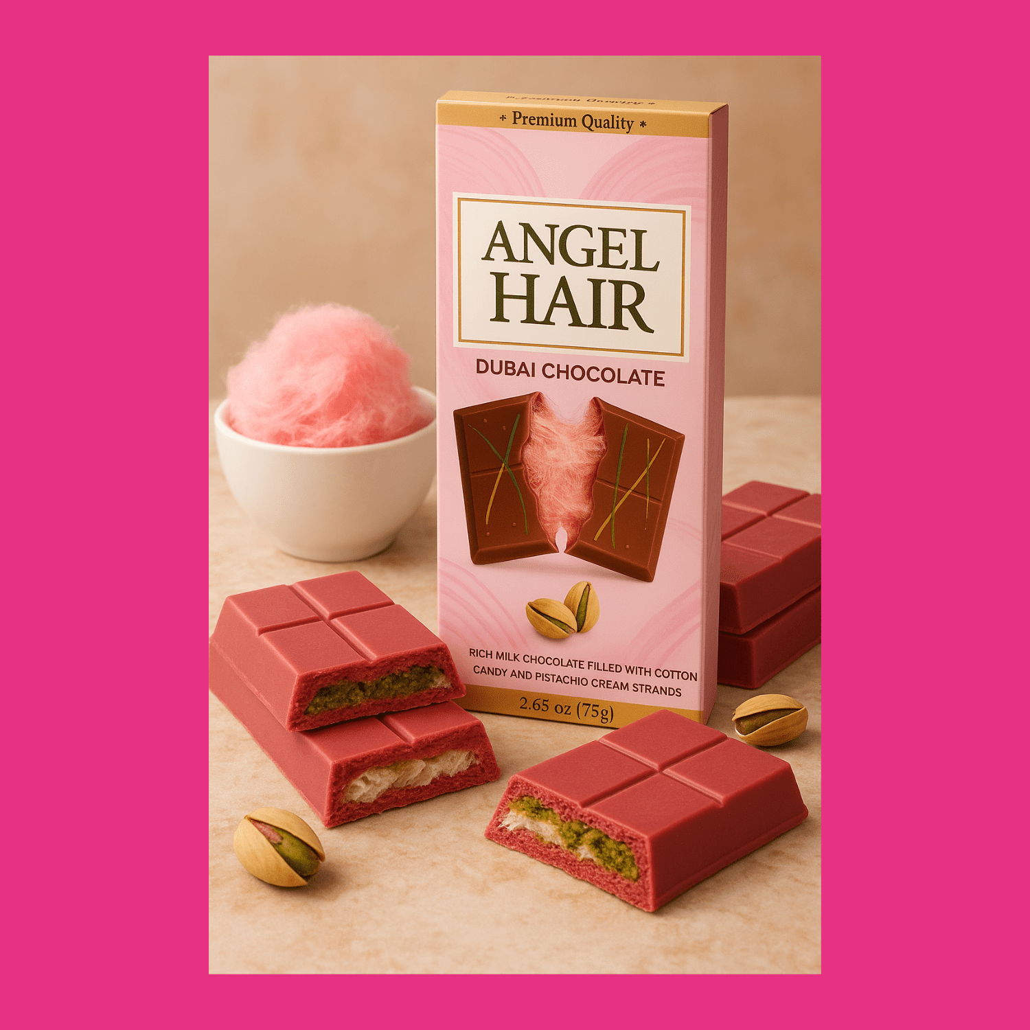Zimply Foods 2 Pack 2.65 Oz Angel Hair Dubai Chocolate Bar - Pink Chocolate Bar - Premium Dubai Chocolate Candy with Milk Chocolate, Cotton Candy & Pistachio Cream Strands, Luxurious Layers