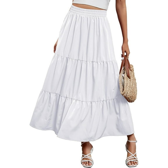 Yesfashion Women Maxi Skirt Boho Elastic High Waist Pleated A-line Flowy Ruffle Swing Tiered Long Beach Skirt