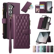 Dteck Crossbody Wallet Case for Samsung Galaxy Z Fold 6,Z Fold 6 Wallet Case with 6-Card Holder & Zipper Pocket Handbag Purse Magnetic Buckle Soft PU Leather Phone Case for Samsung Z Fold6,Deep Purple