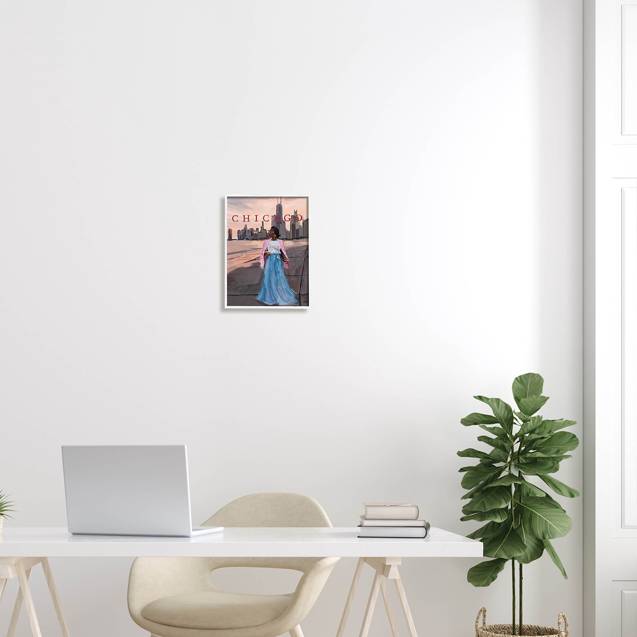 Stupell Industries Fashionable Woman Urban Chicago City Graphic Art White Framed Art Print Wall Art, Design by Amelia Noyes
