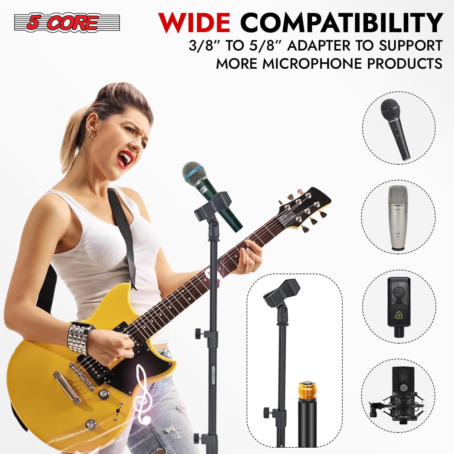 5 Core Mic Stand Pair Adjustable 67" Microphone Stands Floor Standing Design 3 Tier w Detachable Boom Mic Arm Round Base Includes Microfono Clips - MS RBL 3T 2PCS