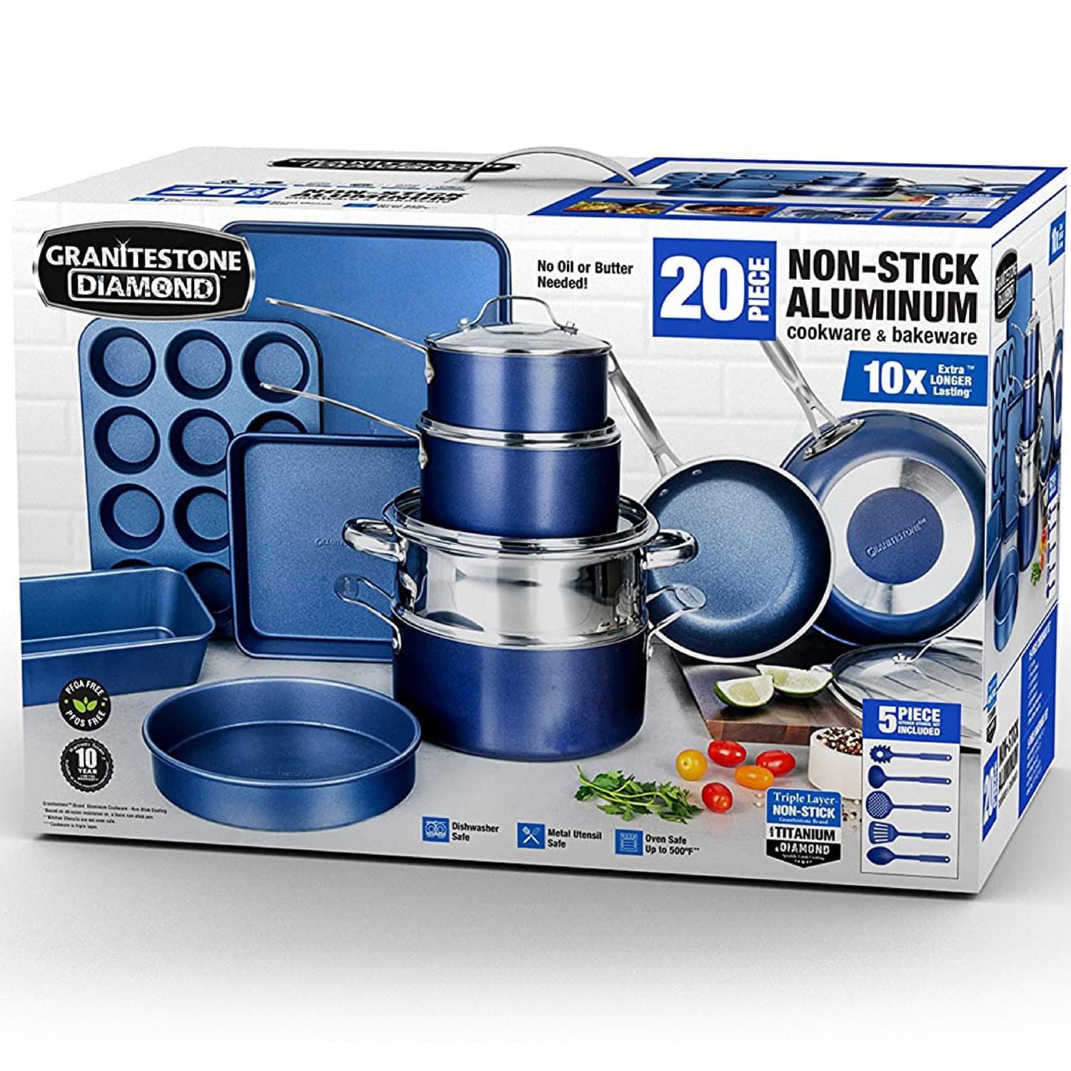 Granitestone Blue 20 Piece Pots and Pans Nonstick Kitchen Cookware Set with Utensils and Bakeware, Oven Dishwasher Safe