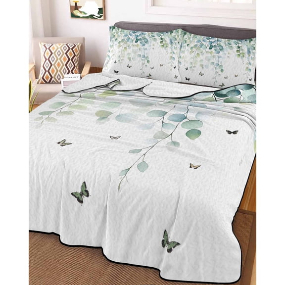 Blue Green Eucalyptus King Size Down Alternative Comforter, Lightweight Comforter Quilt Bedding Set with Pillow Shams Sage Gradient Leaves Butterfly All Seasons Bed Comforter Duvet Insert 96"x106"