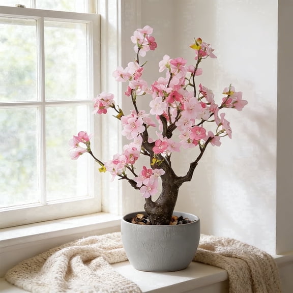 TOARTi Artificial Cherry Blossom Tree Light Pink Faux Flowers with Natural Trunk in Plastic Planter Indoor Tabletop Decor for Home Office Living Room 1.5 Feet